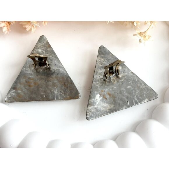 XL Hammered Pewter Turquoise & Coral Vintage Large Statement Earrings - Picture 9 of 10